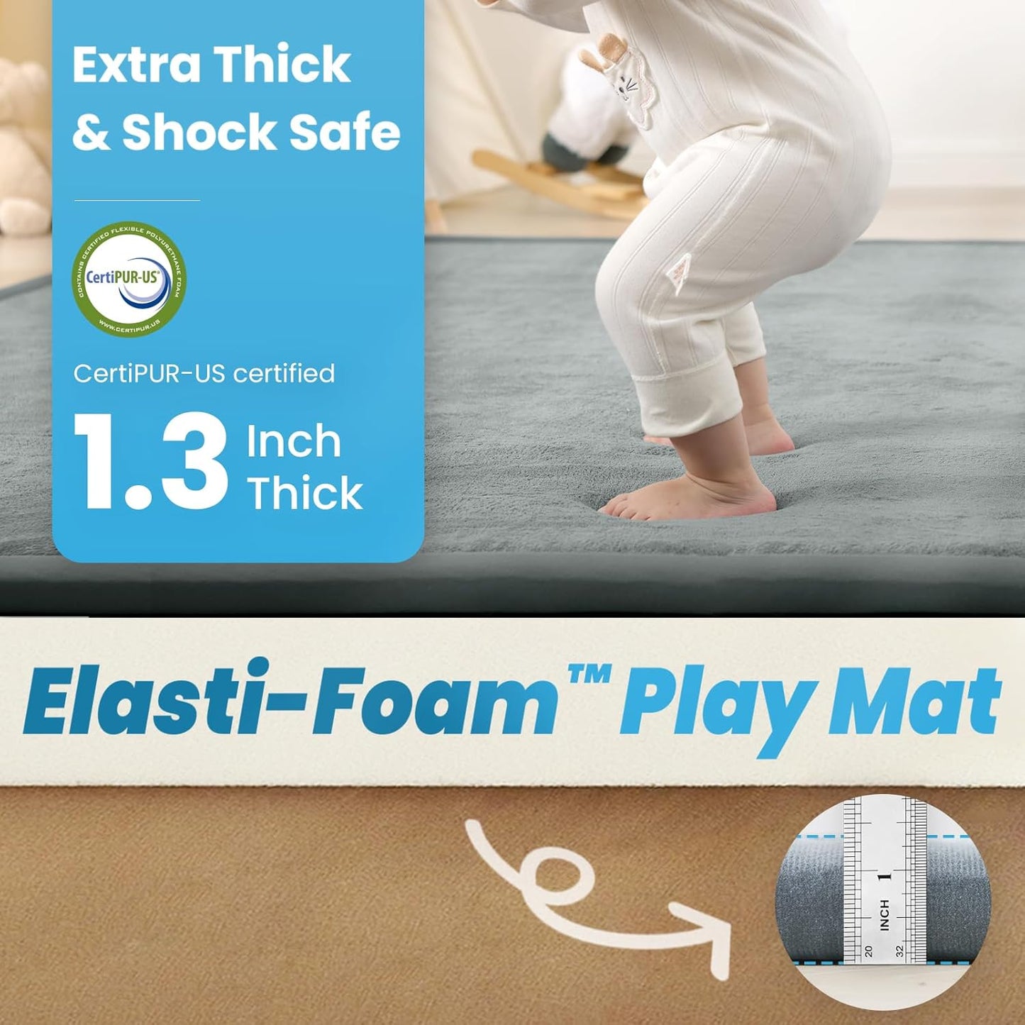 1.3" Thick Baby Play Mat,Ultra Soft Elasti-Foam 50×50 Playpen Mat for Tummy Time,Water-Repellent Coral Fleece Nursery Rug for Infants,Toddlers,Kids,Non-Slip Safe for Crawling(Light Grey)