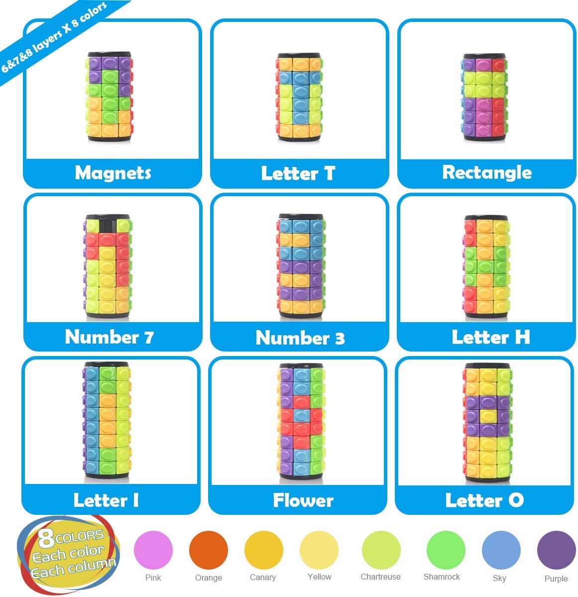 R.Y.TOYS Rotate and Slide Puzzle-Design Patent,Fidget Toys(Restore Order/Create Patterns) 8 Colors,6, 7 and 8 Layers-Detach Piece for Quick Play,Brain Teaser,Sensory Toys,Easter Basket Stuffers