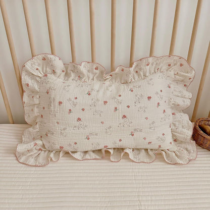 BuLuTu Cute Flower Rabbit Toddler Pillowcase for Girls Boys Soft Breathable Muslin Cotton Kids Pillow Covers, Animal Themed Small Pillow Case for Crib/Toddler Bed, 14"x20", Envelope Closure