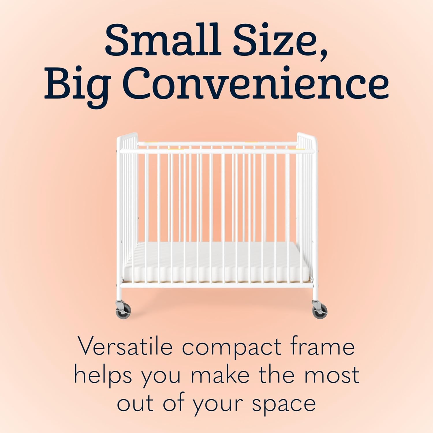 Foundations Chelsea Clearview Metal Compact Daycare Crib, 3" Casters, Compact Mini Size, Easy to