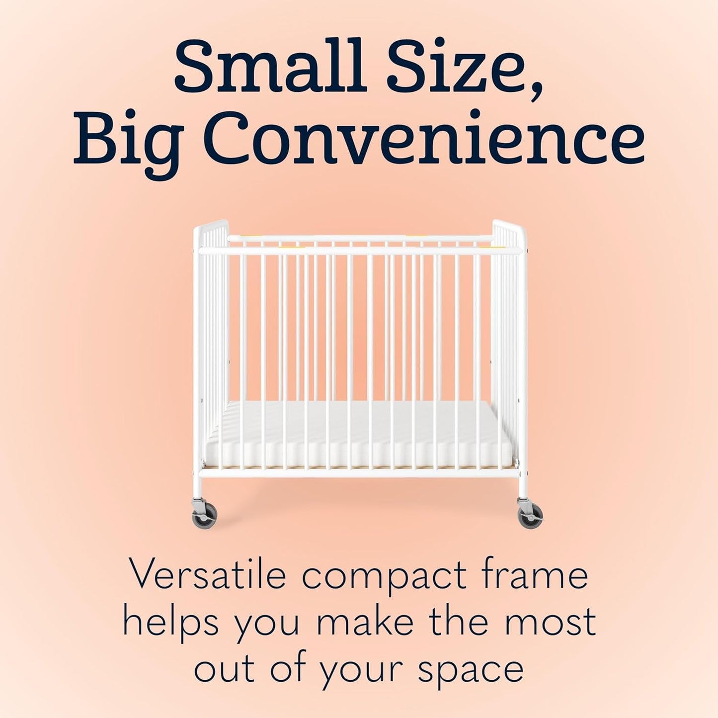 Foundations Chelsea Slatted Metal Compact Daycare Crib, 3" Casters, Compact Mini Size, Easy to