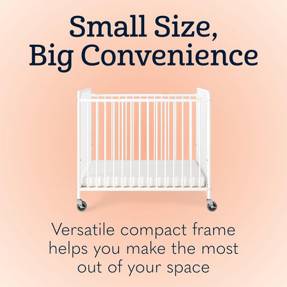 Foundations Chelsea Slatted Metal Compact Daycare Crib, 3" Casters, Compact Mini Size, Easy to