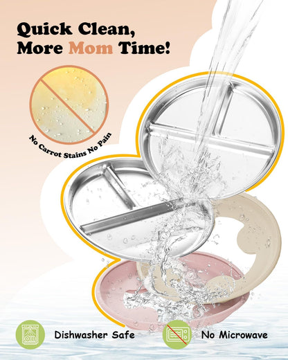 Stainless Steel Baby Plate with Suction, 8” Divided Toddler Plates with Removable Silicone Sleeves for Kids, Non-Toxic Non-Slip Unbreakable Dishwasher Safe Dinnerware Set of 2, Pink & Beige