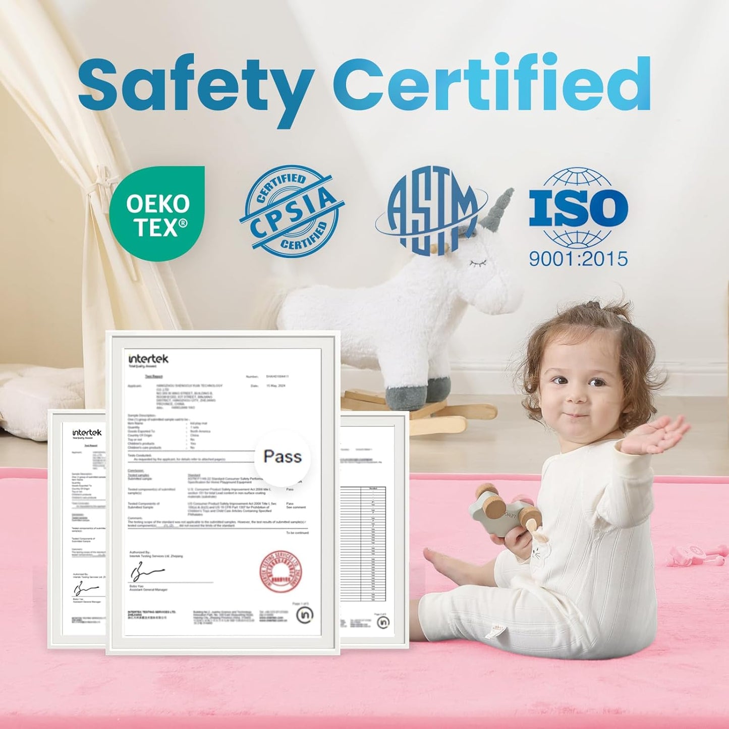 1.3" Thick Baby Play Mat,Ultra Soft Elasti-Foam 50×50 Playpen Mat for Tummy Time,Water-Repellent Coral Fleece Nursery Rug for Infants,Toddlers,Kids,Non-Slip Safe for Crawling(Pink)