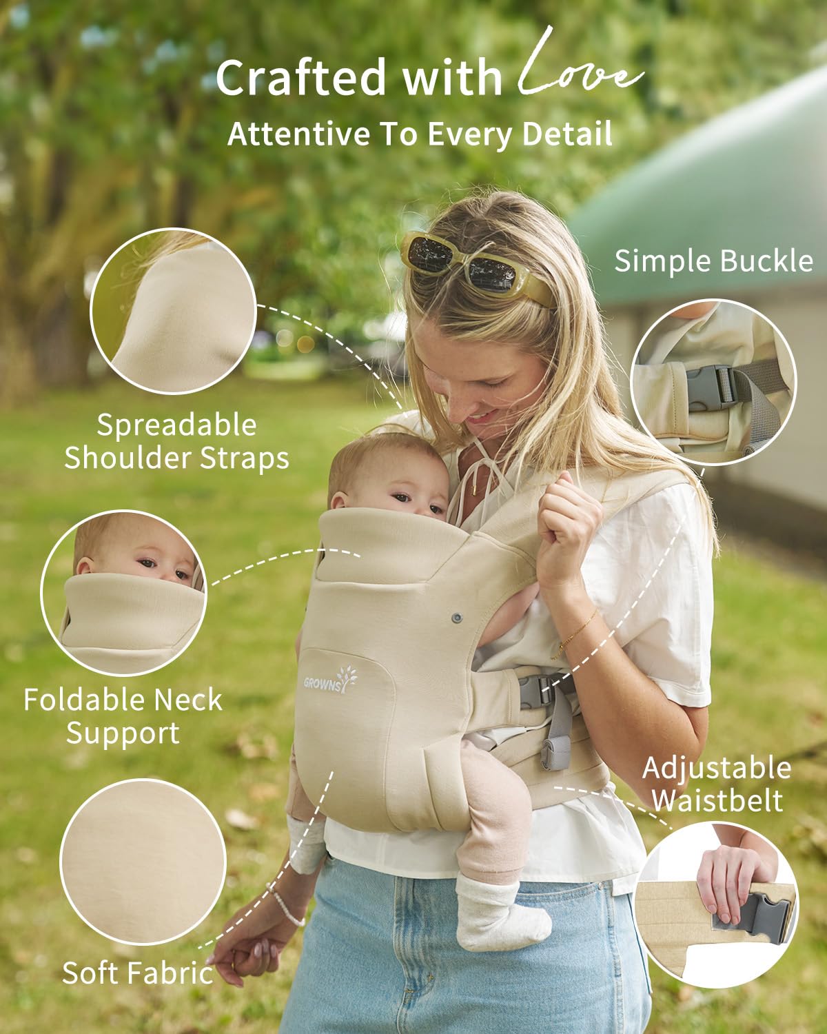GROWNSY Baby Carrier, Wrap Carrier, Ergonomic with Head Support, Cream