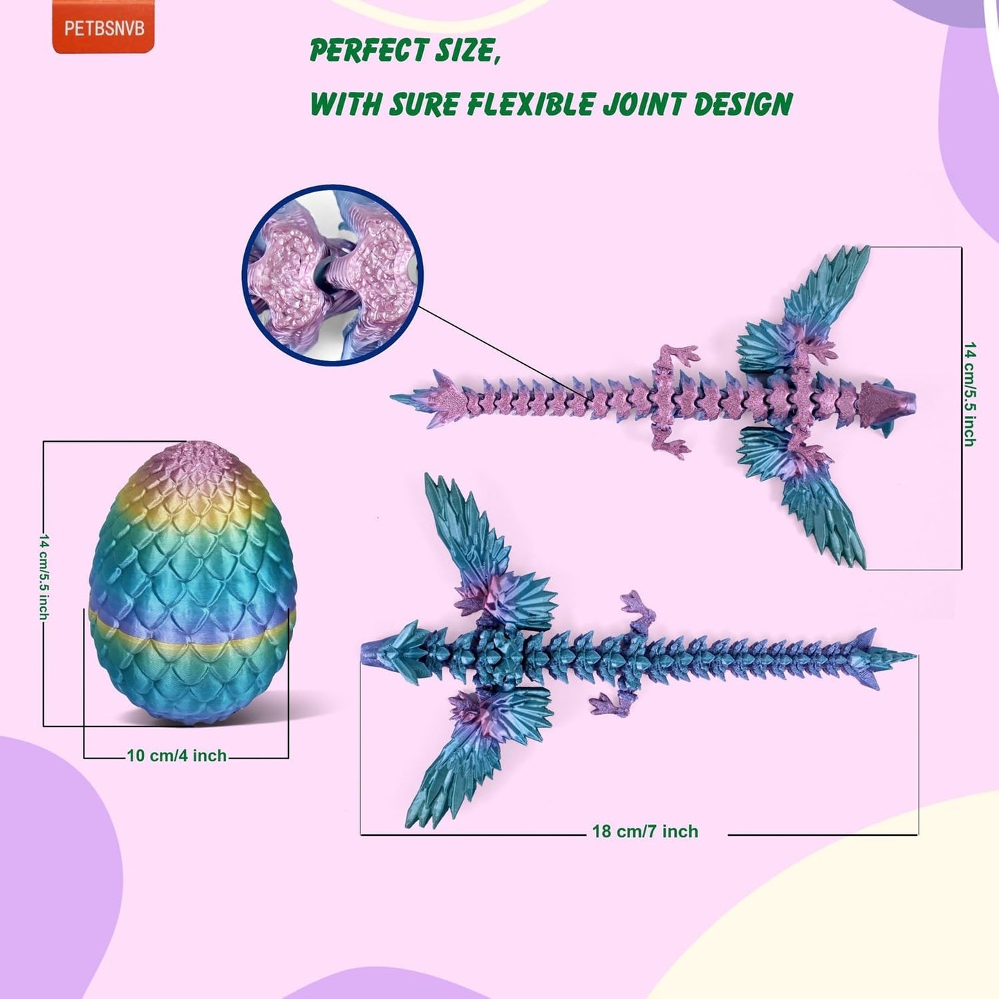 7" 3D Printed Dragon with Wings in Egg, Easter basket stuffers, Crystal Dragon Surprise in Eggs, Articulated Dragon, Dragon Fidget Toy, Home Office Decor Executive Desk Toy (Laser Red)
