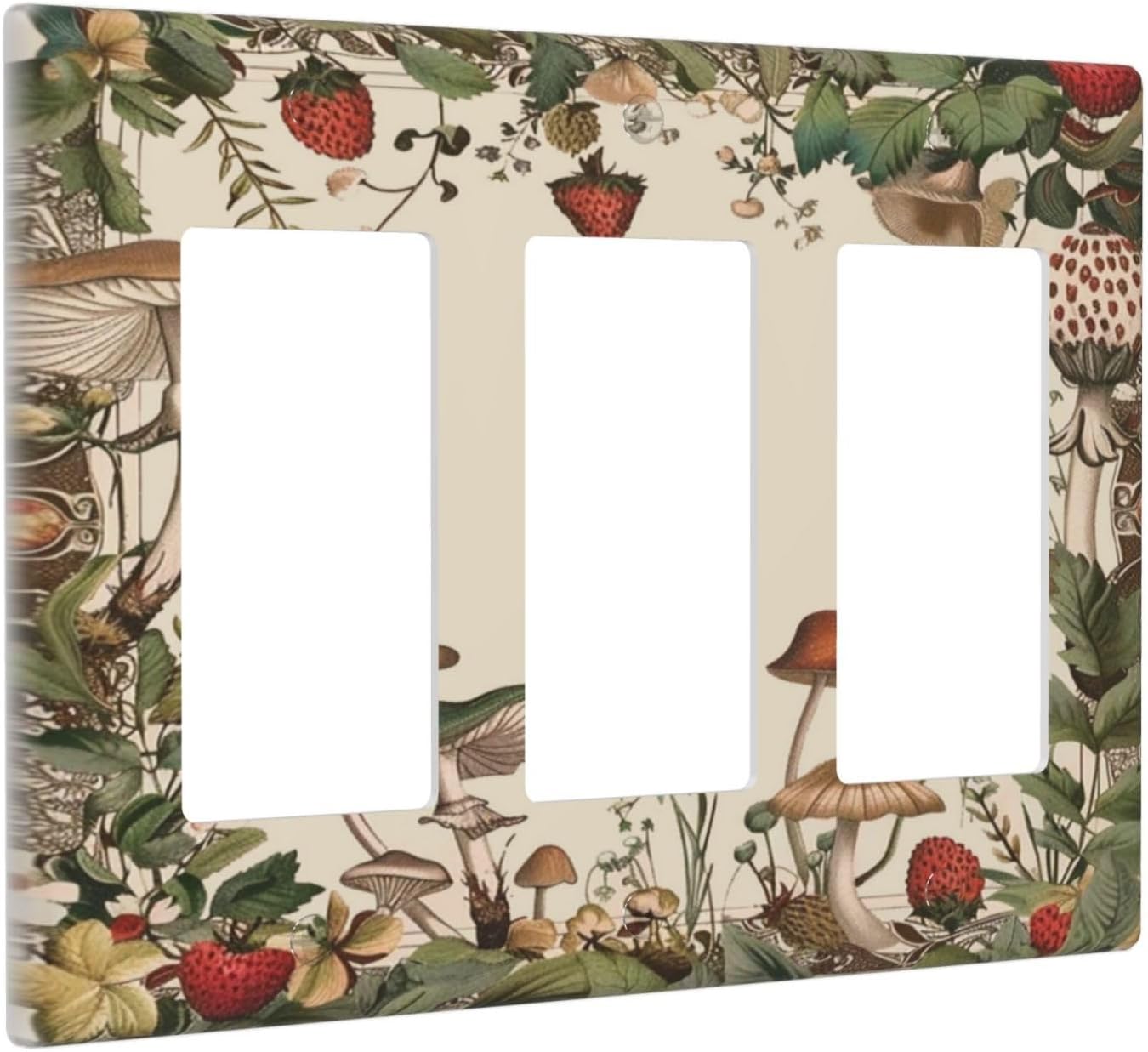 Decorative Outlet Covers Rustic Mushroom Garden Red Strawberry 3 Gang Wall Plate Triple Rocker Light Switch Cover Plate Jumbo Electrical GFCI Faceplate for Bedroom Home Decor