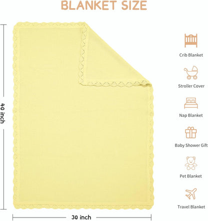 100% Cotton Baby Blanket Knit Soft Warm Lace Toddler Newborn Nursery Blanket, 30 x 40 Inches, Lemon Yellow