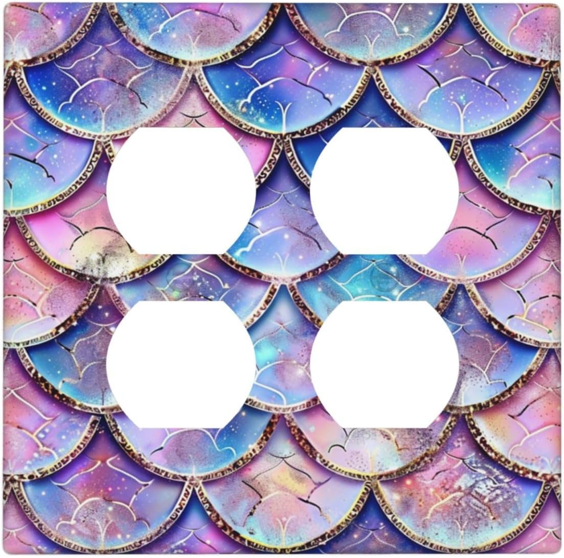Decorative Outlet Covers Cute Pink Purple Mermaid Scales 2 Gang Wall Plate Cover Double Duplex Receptacle Two Switch Light Switch Cover Plate Jumbo Faceplate for Bedroom Home Decor