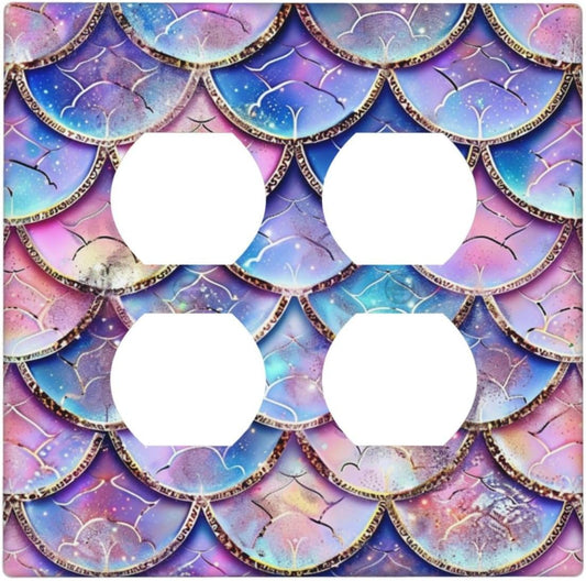 Decorative Outlet Covers Cute Pink Purple Mermaid Scales 2 Gang Wall Plate Cover Double Duplex Receptacle Two Switch Light Switch Cover Plate Jumbo Faceplate for Bedroom Home Decor