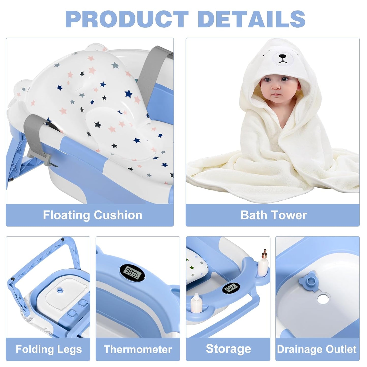 MoreFeel Collapsible Baby Bathtub for Newborn with Thermometer & 1 Hooded Towel & 1 Soft Floating