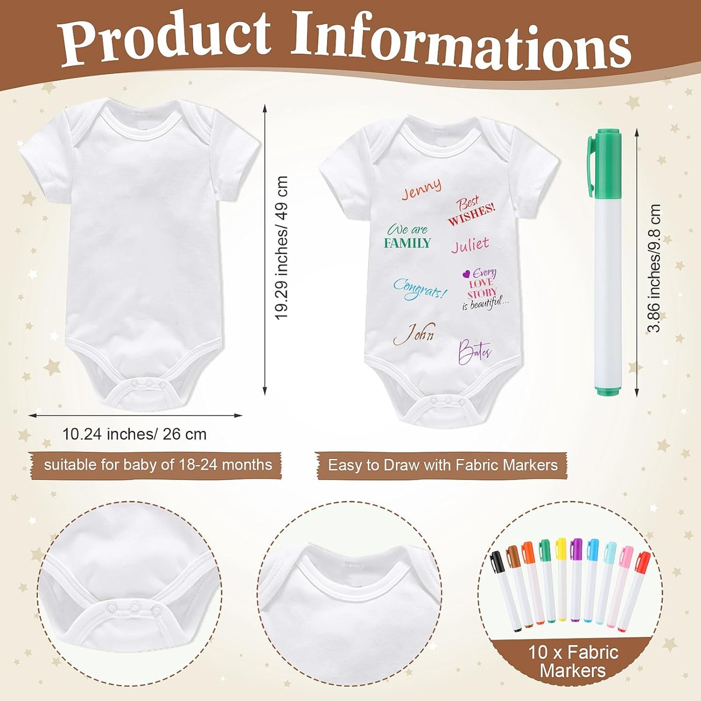 Qunclay 12 Pcs Baby Bodysuit Baby Shower Game Include 1 Game Wooden Sign Tabletop Decor 1 White Blank Newborn Bodysuit 10 Fabric Marker for Gender Reveal Party(Boho)