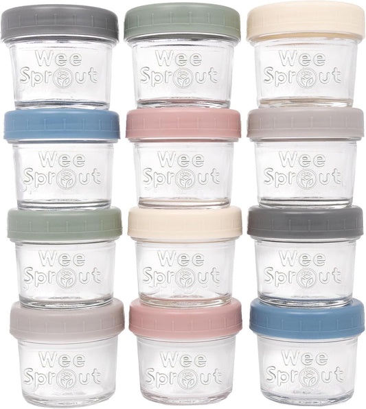 WeeSprout Glass Baby Food Storage Jars w/Lids (4 oz, 12 Pack Set) Snack, Puree, Reusable Small