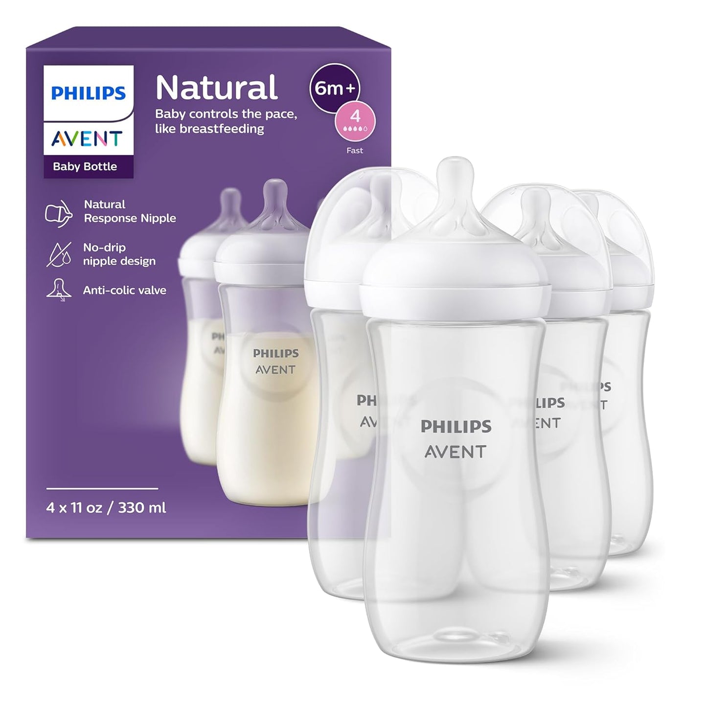 Philips Avent Natural Baby Bottles with Natural Response Nipples (Fast Flow, Flow 4), 11oz, 4-Pack