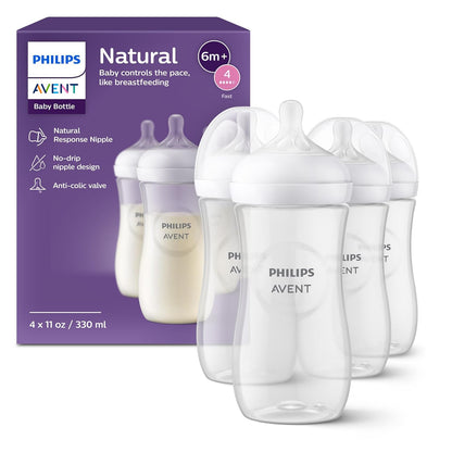 Philips Avent Natural Baby Bottles with Natural Response Nipples (Fast Flow, Flow 4), 11oz, 4-Pack