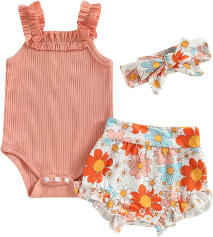 fhutpw Baby Girl Clothes Summer Cute Outfits 3 6 12 18 Months Spaghetti Strap Romper & Floarl Shorts Sets