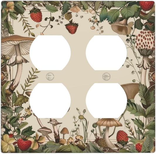 Decorative Outlet Covers Rustic Mushroom Garden Red Strawberry 2 Gang Wall Plate Cover Double Duplex Receptacle Two Switch Light Switch Cover Plate Jumbo Faceplate for Home Decor