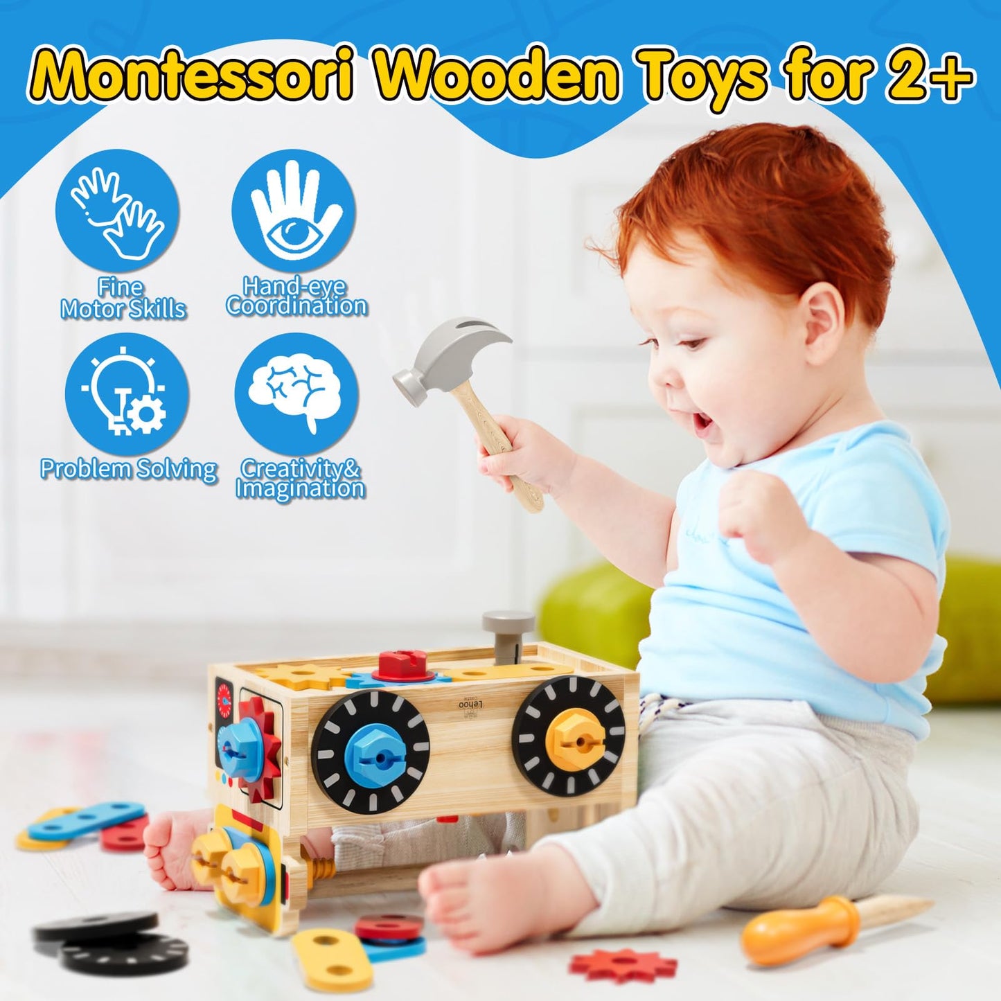 Lehoo Castle Montessori Kids Tool Set, Wooden Toddler Tool Set for Ages 2-4