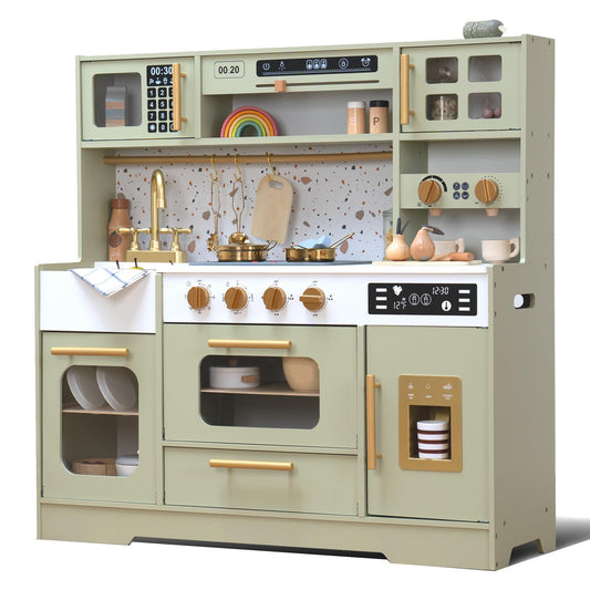 Wooden Play Kitchen with 15 Fun Accessories and Realistic Appliances Green