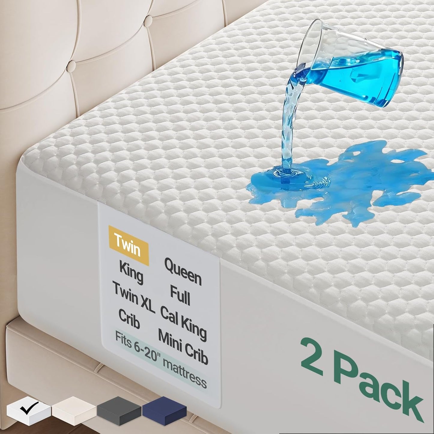 OhGeni 100% Waterproof Mattress Protector, Twin-2 Pack, Fitted Sheet with Stretchable Pockets, Deep
