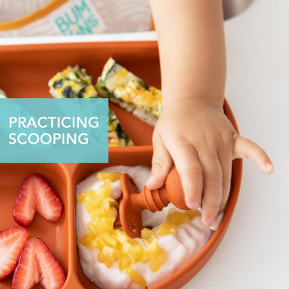 Bumkins Baby Utensils Set, Chewtensils Silicone Spoons for Dipping, Self-Feeding, Baby Led Weaning, Trainer Learning, First Stage Eating, Soft Practice Fork and Spoon, Babies 6 Months, Clay