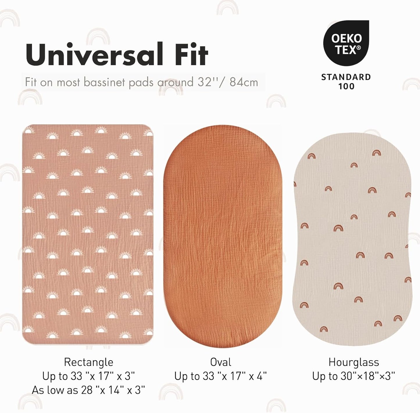 Gllquen Baby Muslin Bassinet Sheets 3 Pack, Breathable Elastic Cozy Fitted Cotton Bassinet Mattress Sheet for Baby Boy Girls, Fit for Hourglass Oval Rectangular Cradle Pad Sheets 33"x17"(Rainbow)