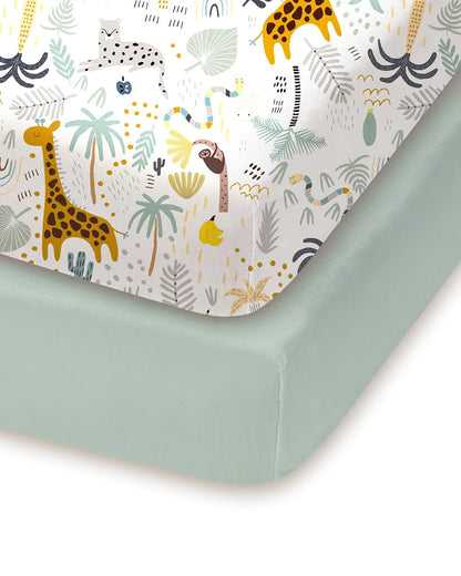 Pack and Play Sheets Fitted, Soft Green+Giraff, Breathable and Cozy, Hypoallergenic, 2 Pack for