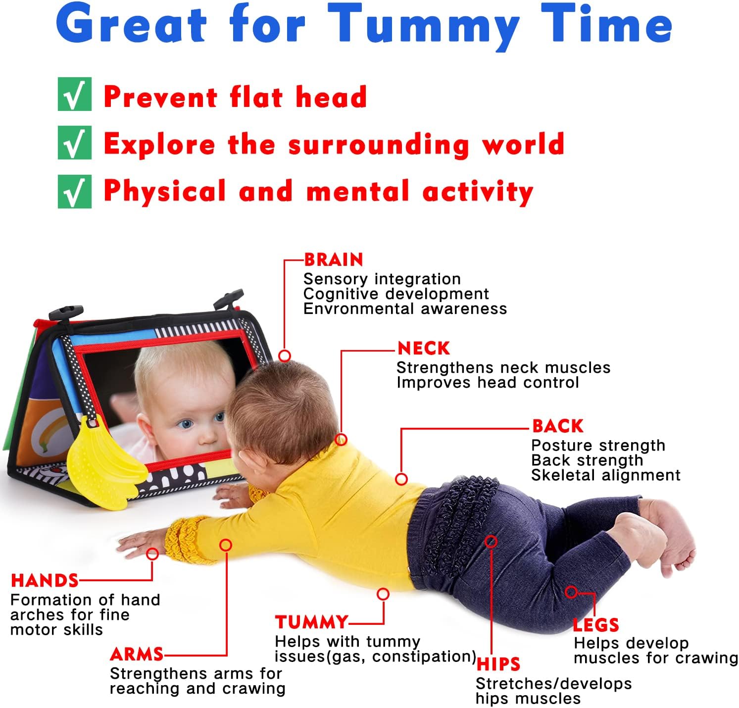 Tummy Time Baby Mirror Infant Toys Newborn 0 3 Months Brain Development with Crinkle Cloth Book