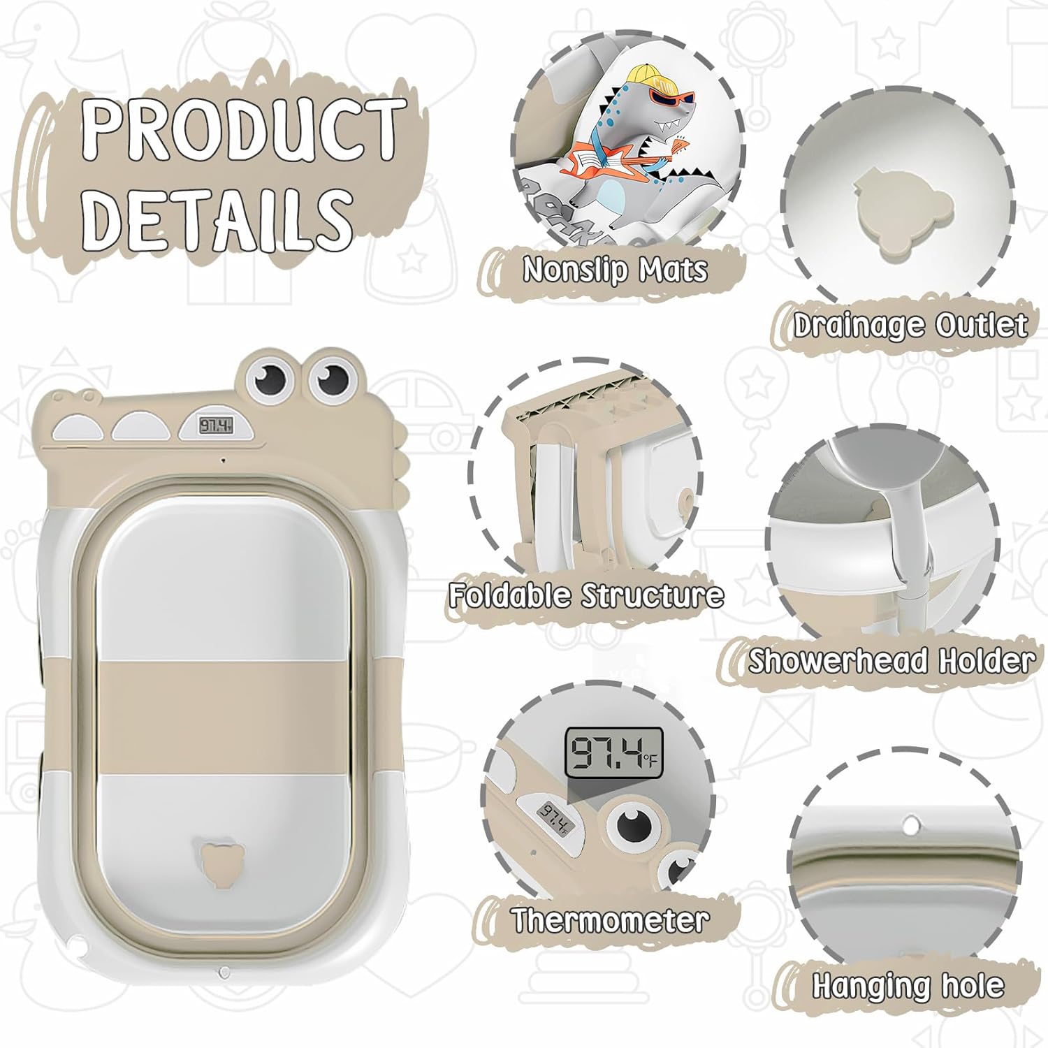 TPN Collapsible Baby Bathtub, Baby Bath Tub with Soft Cushion & Real-Time Thermometer, Baby Bathtub