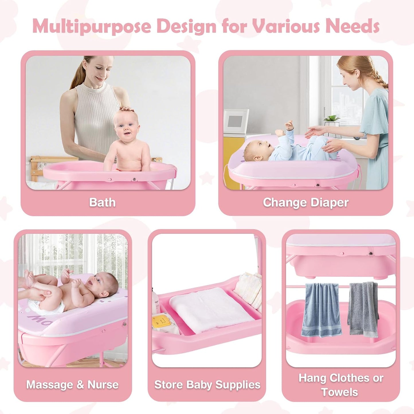 HONEY JOY Baby Changing Table with Bathtub, Foldable Infant Diaper Changing Station with Wheels