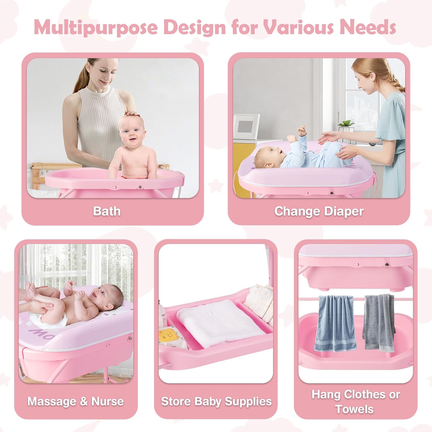 HONEY JOY Baby Changing Table with Bathtub, Foldable Infant Diaper Changing Station with Wheels