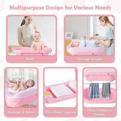HONEY JOY Baby Changing Table with Bathtub, Foldable Infant Diaper Changing Station with Wheels