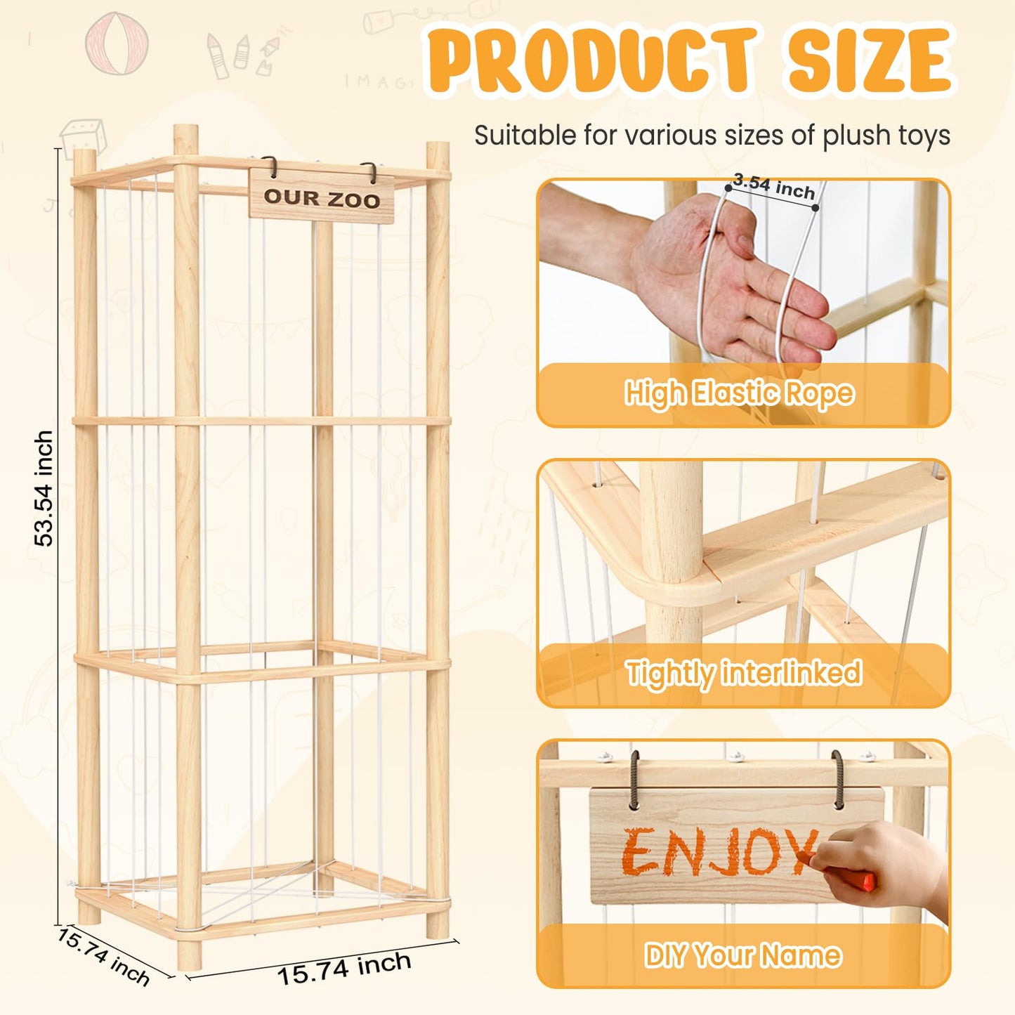 Woodure Stuffed Animal Storage & Organizer, Wooden Cute Zoo Toy Holder for Toddler Rooms, Playrooms