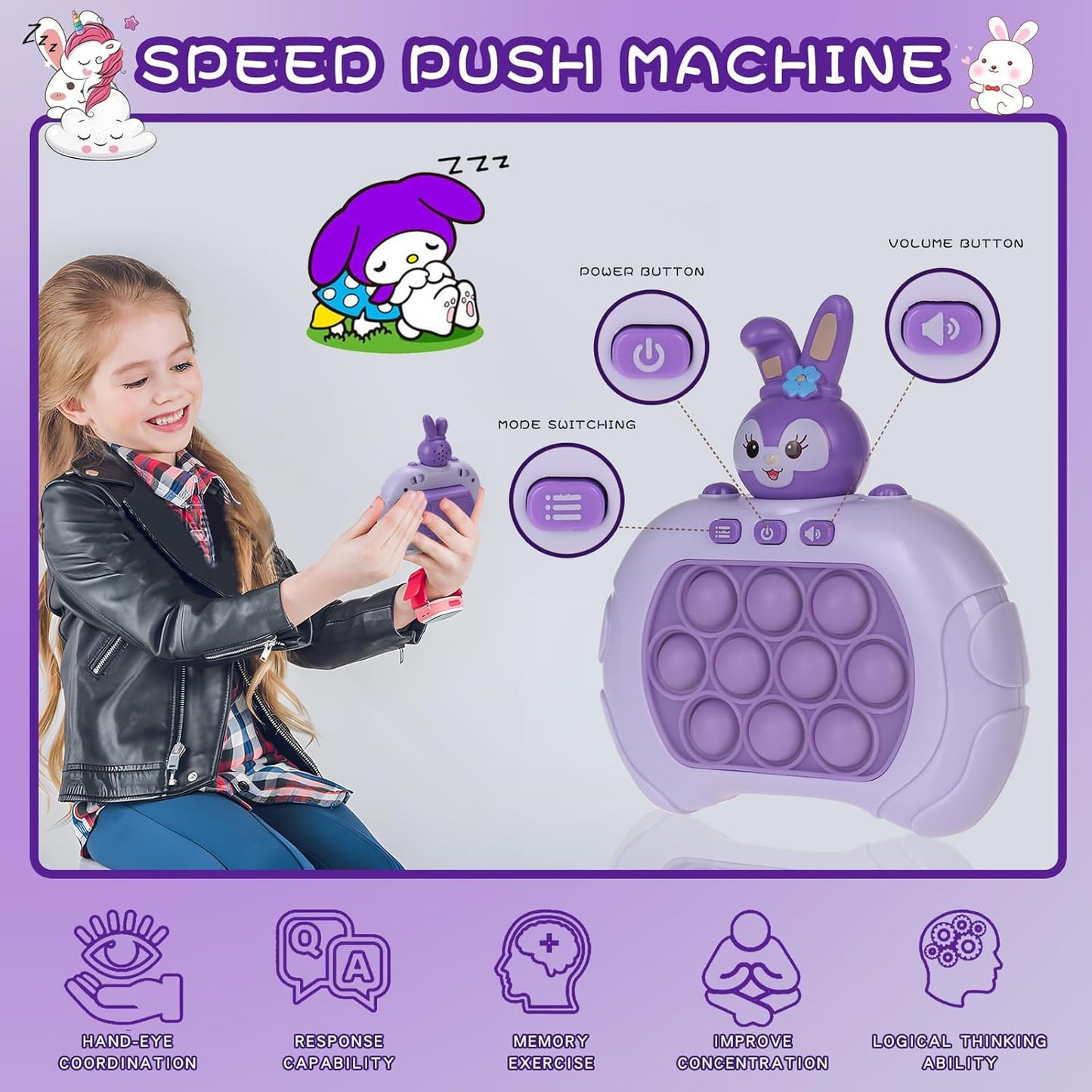 Fast Push Game Pop Fidget Toys for Kids, Fast Push Bubble Game, Quick Push Pop Game for Boys & Girls Age 3-12, Handheld Puzzle Game Sensory Toys Relaxation and Decompression (Purple Rabbit)