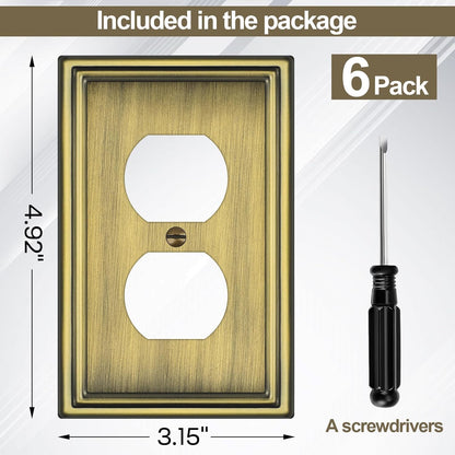 6 Pack Duplex Outlet Covers Wall Plates, Antique Brass Metal Electric Receptacle Cover, Classic Decorative Switch Plate and Outlet Cover, 1 Gang Wall Plate for Electrical Outlets