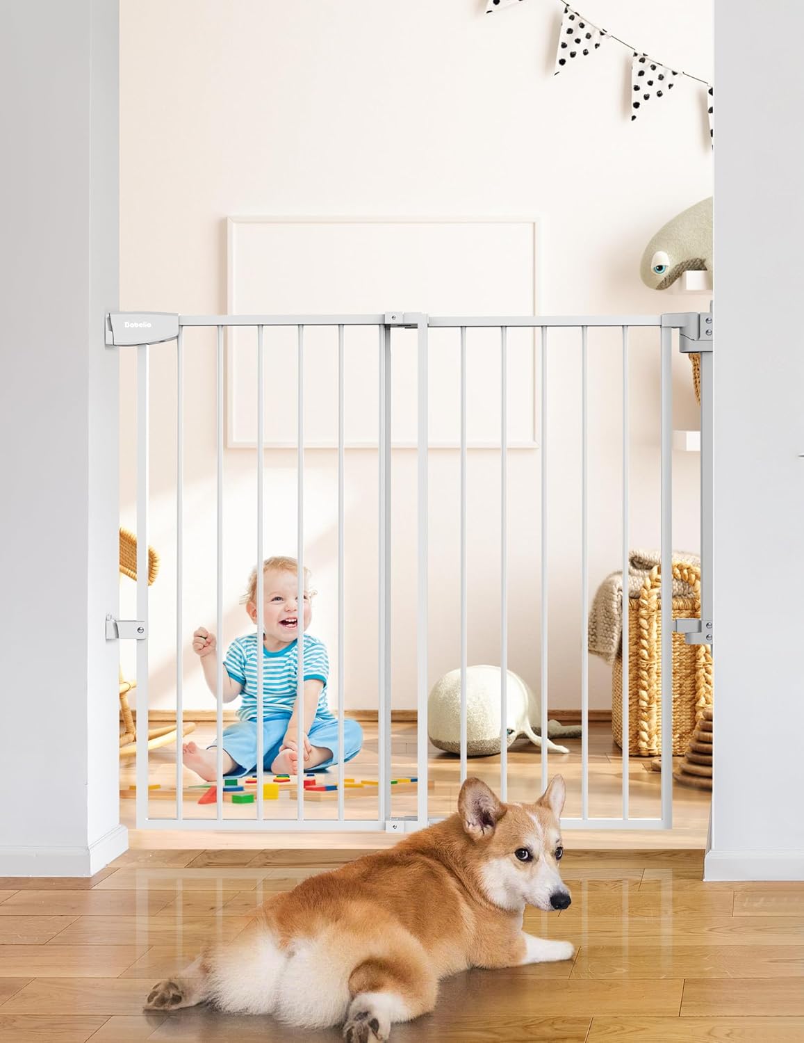 Babelio 34" Tall No Bottom Bar Baby/Dog Gate for Stairs, House and Doorways, 29.7-46.5" Auto Close Safety Pet Gates with Large Walk Thru Door, Hardware Mount, White