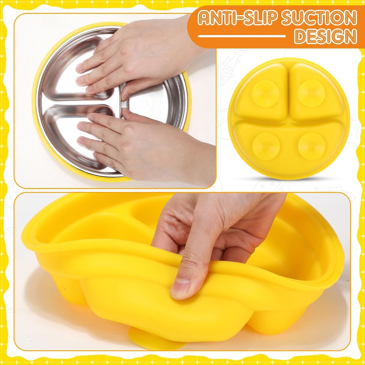 Nuogo 2 Pcs Stainless Steel Baby Suction Plates with Removable Silicone Shell 2-in-1 Metal Toddler Bowl Divided for Picky Eaters Kids Feeding Led Weaning Supplies, Dishwasher Safe (Yellow,Orange)