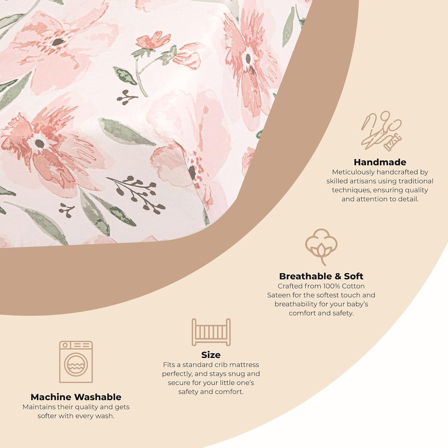 Crane Baby Floral Crib Sheets, 100% Cotton, Breathable Baby Bedding for Standard Mattress, Pink