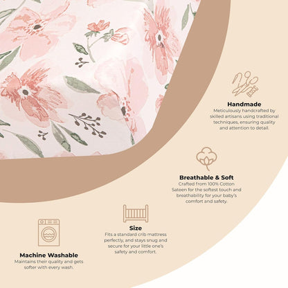 Crane Baby Floral Crib Sheets, 100% Cotton, Breathable Baby Bedding for Standard Mattress, Pink