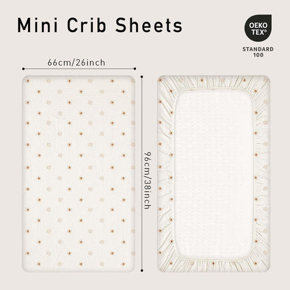 Gllquen Baby Muslin Mini Crib Sheets 3 Pack, Breathable Pack and Play Sheets Fitted Soft Cozy Cotton Pack N Play Sheets for Baby Boy Girls, Universal Fitted Mini Crib Mattresses 38"x26" (Yellow)