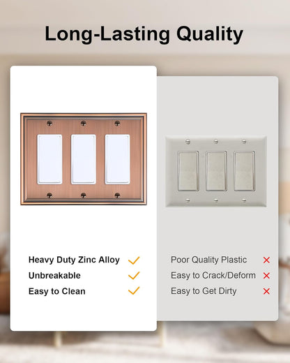 2-Pack Decorative Tripple Decorator Outlet Cover Plate, Durable Zinc Alloy Antique Copper Wall Plates for Electrical Outlet, Receptacle, GFCI Outlet, Dimmer Switch, 3-Gang Corrosion Resistant