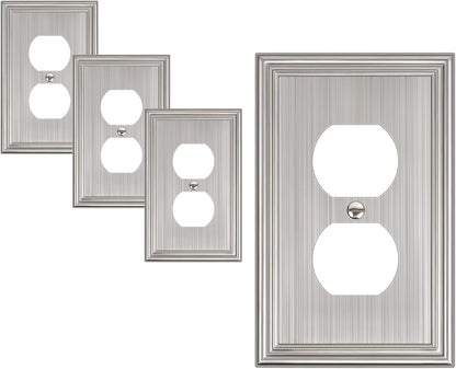 4-Pack Duplex Outlet Cover, Durable Solid Zinc Alloy Decorative Switch Plates and Outlet Covers, Brushed Nickel Wall Plates for Electrical Outlet, 1 Gang Receptacle Cover, Corrosion Resistant