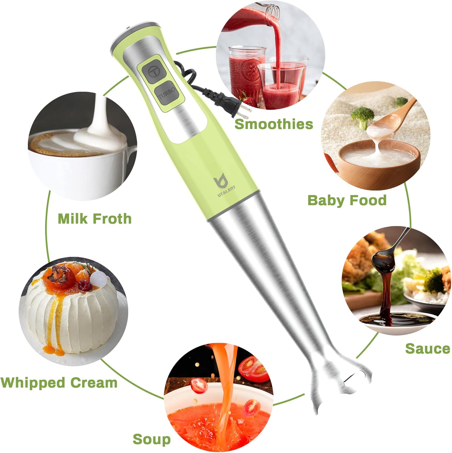 Immersion Hand Blender, UTALENT 3-in-1 8-Speed Stick Blender with Milk Frother, Egg Whisk for