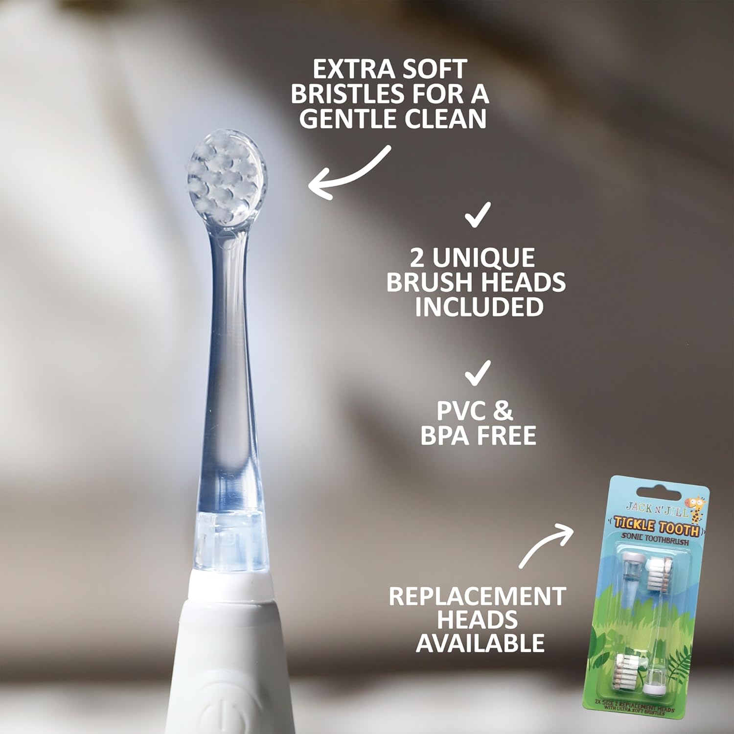 Jack N' Jill Kids Tickle Tooth Sonic Electric Toothbrush and Replacement Head, LED Brush Head with
