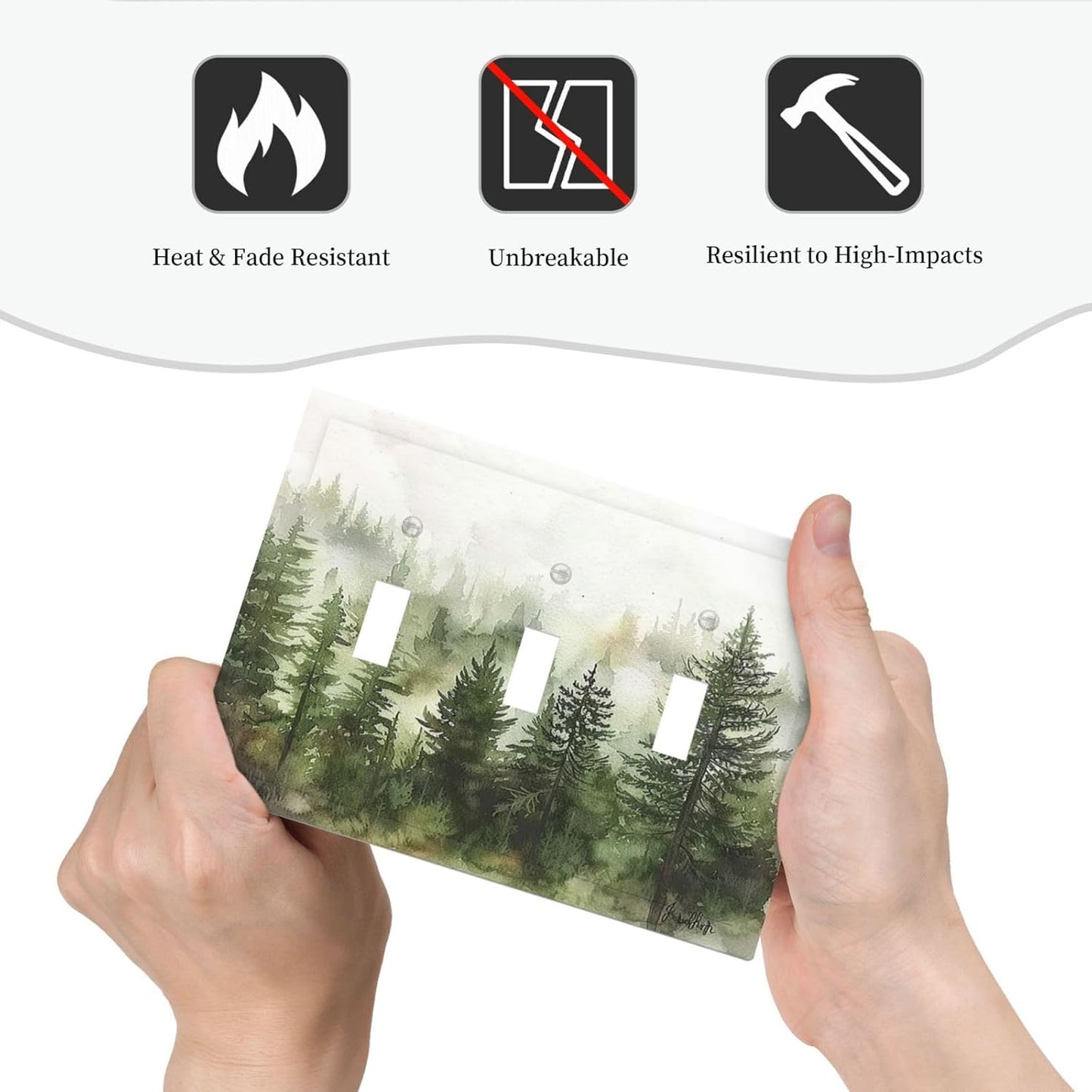 Decorative Switch Plates Green Forest Watercolor Painting Foggy Pine 3 Gang Wall Plate Triple Toggle Light Switch Cover Faceplate Electrical Wall Panels for Bedroom living Room Decor