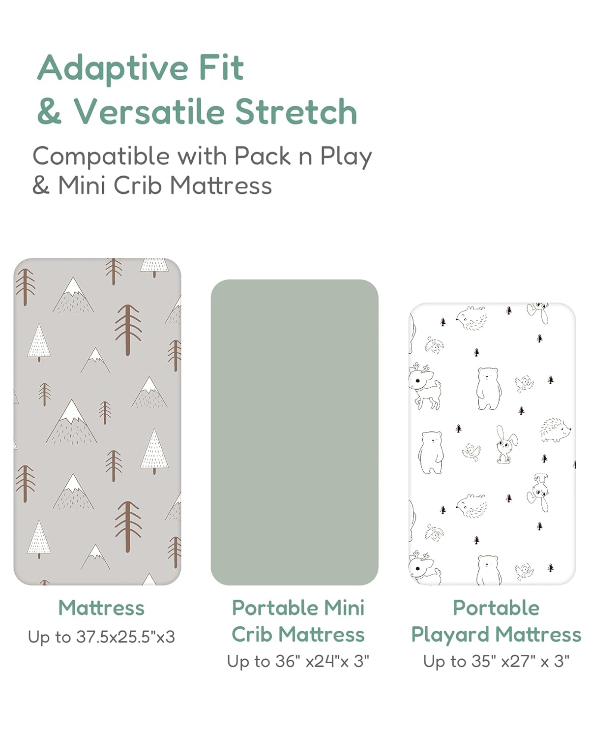 Pack and Play Sheets Fitted, Grey Woodland Animal Design, Ultra Soft, Hypoallergenic, 2 Pack for