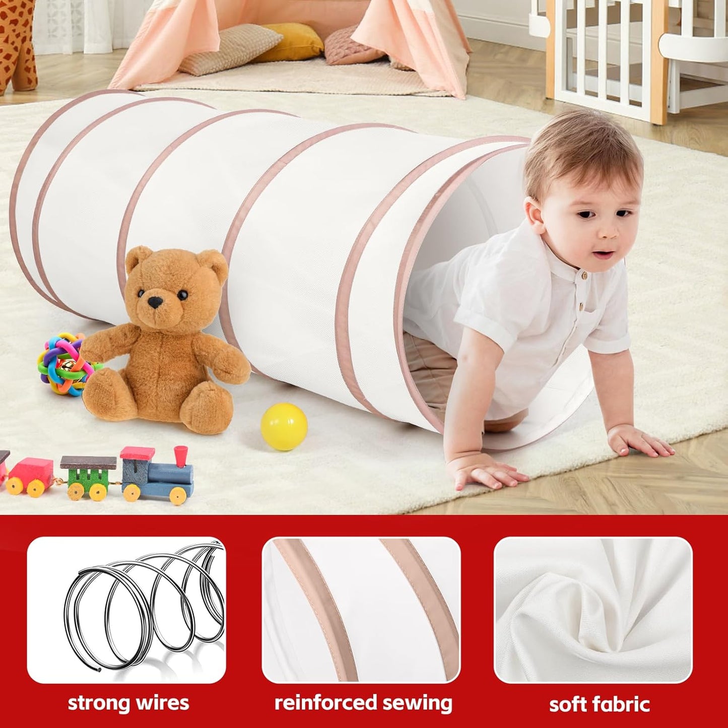 Moncoland Kids Play Tunnel Tent for Toddlers, Pop Up Crawl Tunnel Toy for Baby or Pet with Neutral Color, Collapsible Gift for Boy and Girl Play Tunnel Indoor and Outdoor Game (Beige Tunnel)