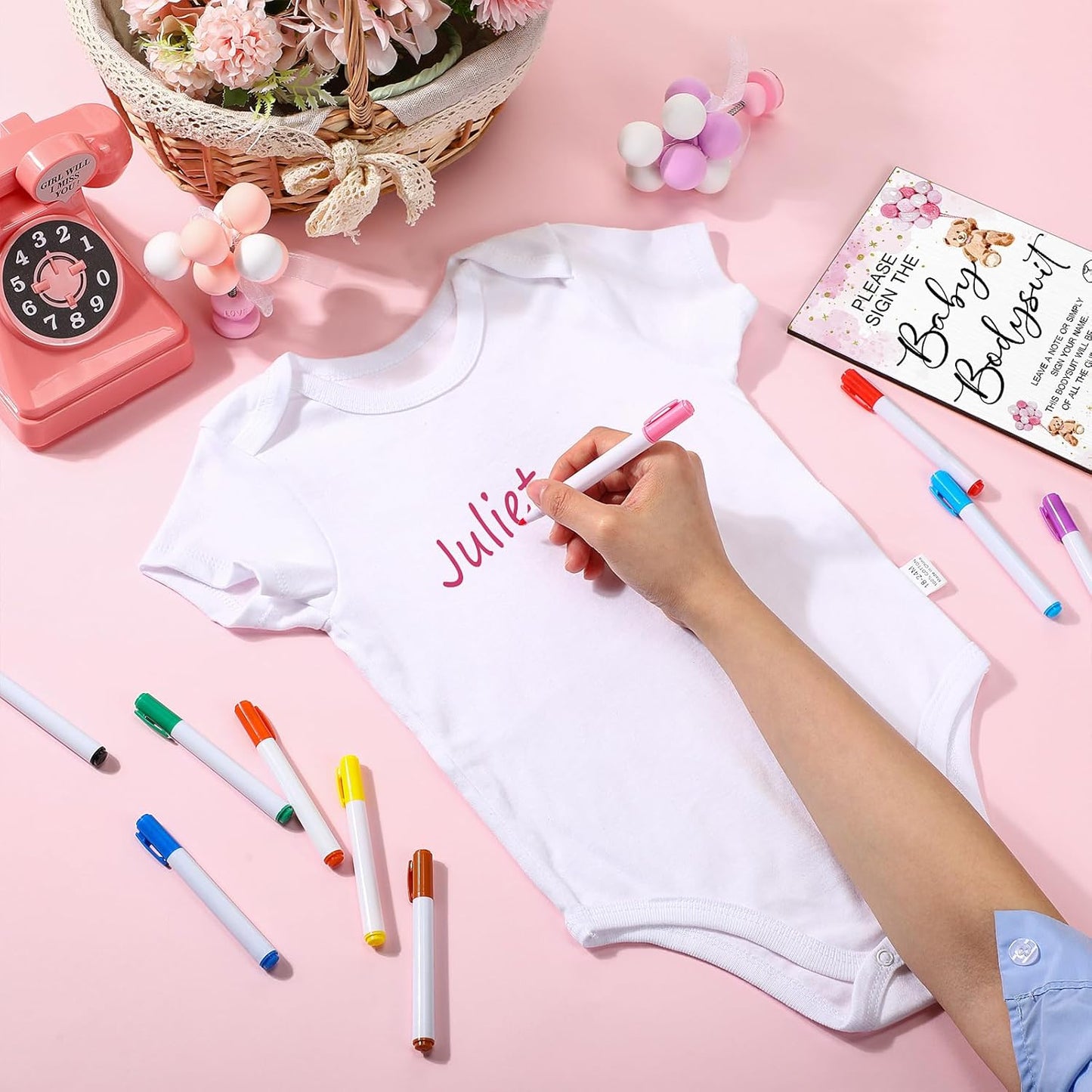 Qunclay 12 Pcs Baby Bodysuit Baby Shower Game Include 1 Game Wooden Sign Tabletop Decor 1 White Blank Newborn Bodysuit 10 Fabric Marker for Gender Reveal Party(Pink Bear)