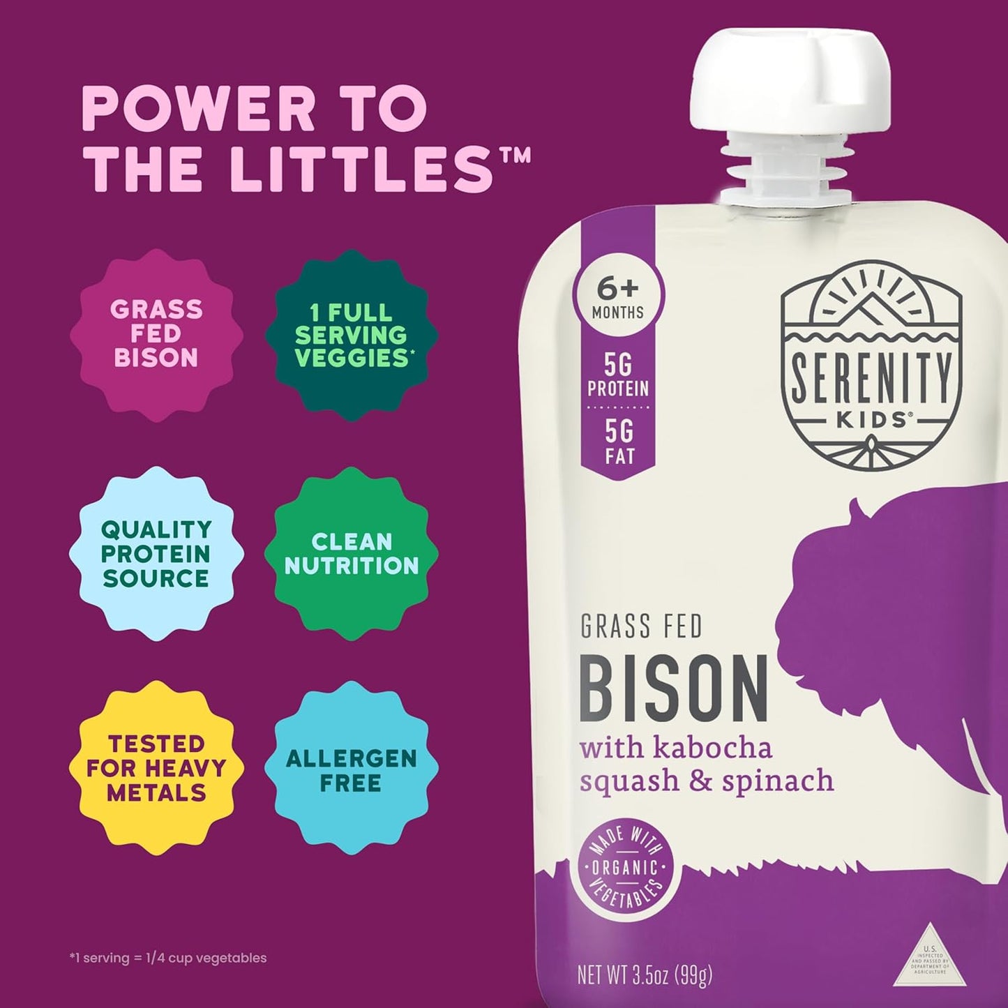 Serenity Kids 6+ Months Baby Food Pouches - Ethically Sourced Grass-Fed Bison & Organic Kabocha