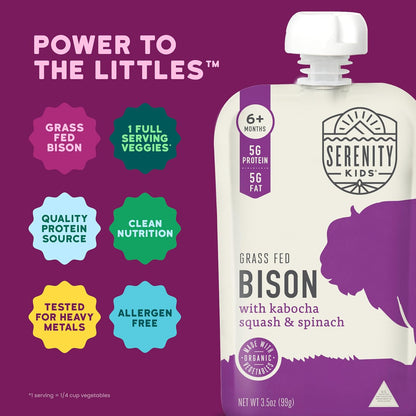 Serenity Kids 6+ Months Baby Food Pouches - Ethically Sourced Grass-Fed Bison & Organic Kabocha